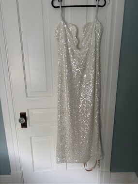 Meshki White Sequin Bridal Column Dress with Plunging Notch Neckline